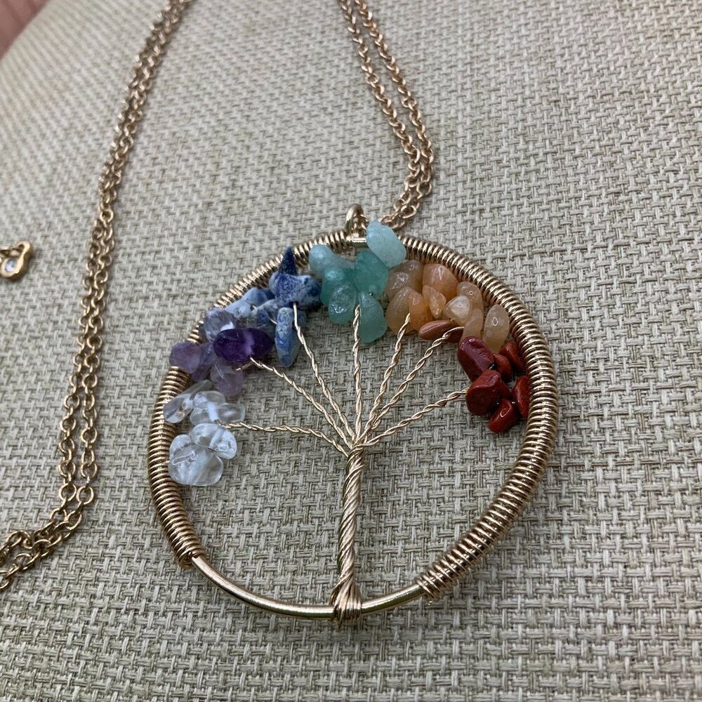 Tree of Life Seven Chakra Stone Chips Gold Tone Necklace